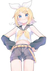 Rule 34 | 1girl, :3, arm warmers, asymmetrical bangs, belt, black arm warmers, black sailor collar, blonde hair, blue eyes, blush, bow, breasts, closed mouth, cowboy shot, from below, grey shorts, hair bow, hair ornament, hairclip, hands on own hips, headphones, highres, kagamine rin, lace, lace-trimmed shirt, lace trim, light smile, looking at viewer, mani (manidrawings), medium hair, midriff, multicolored belt, navel, neckerchief, orange belt, parted bangs, puff of air, sailor collar, shirt, shorts, sidelocks, simple background, sleeveless, sleeveless shirt, small breasts, solo, straight hair, treble clef, twitter username, v-shaped eyebrows, vocaloid, watermark, white background, white bow, white shirt, yellow belt, yellow neckerchief