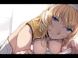 Rule 34 | 1girl, all fours, ass, blonde hair, blue eyes, bottomless, breasts, day, earmuffs, evelysse (star ocean), foreshortening, hair between eyes, hanging breasts, large breasts, letterboxed, long hair, looking at viewer, nagioka, no bra, out-of-frame censoring, sagging breasts, solo focus, star ocean, star ocean anamnesis, sweat
