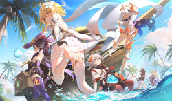 Rule 34 | 1boy, 5girls, :d, absurdres, ahoge, armpits, barefoot, beach, black gloves, black hair, black shorts, blonde hair, blue sky, blue thighhighs, boots, breasts, closed eyes, closed mouth, cloud, coconut tree, creature on lap, day, detached sleeves, dress, fischl (genshin impact), fishnet legwear, fishnets, flower, fur collar, genshin impact, gloves, grey hair, hair between eyes, hair flower, hair ornament, halo, hat, high heels, highres, kaedehara kazuha, long hair, long sleeves, looking at viewer, looking back, lumine (genshin impact), medium breasts, mona (genshin impact), multicolored hair, multiple girls, open mouth, outdoors, paimon (genshin impact), palm tree, parted lips, partially fingerless gloves, ponytail, red hair, river (river ga), ship, shirt, short sleeves, shorts, single thighhigh, sky, slime (genshin impact), smile, standing, standing on one leg, streaked hair, thighhighs, tree, twintails, two side up, watercraft, white dress, white flower, white footwear, white hair, white shirt, white thighhighs, witch hat, xinyan (genshin impact), yellow eyes