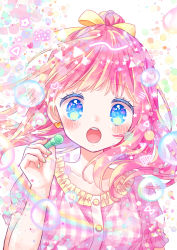 Rule 34 | 1girl, :o, blue eyes, bow, bubble, buttons, colored eyelashes, colorful, earrings, fingernails, frilled shirt, frills, green nails, hair bow, hair bun, heart, heart earrings, highres, holding, jewelry, long hair, looking at viewer, mismatched eyelashes, nail polish, nakkii, open mouth, original, pink hair, pink shirt, plaid, plaid shirt, shirt, single hair bun, soap bubbles, solo, star (symbol), upper body