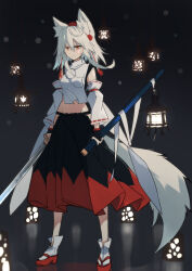 Rule 34 | 1girl, absurdres, animal ears, black background, black skirt, closed mouth, commentary request, detached sleeves, full body, geta, groin, hat, highres, holding, holding sword, holding weapon, inubashiri momiji, kakaricho dairi, lantern, looking at viewer, medium hair, navel, red eyes, red footwear, red hat, red skirt, scabbard, sheath, shirt, simple background, skirt, socks, solo, standing, sword, tail, tokin hat, touhou, two-tone skirt, weapon, white hair, white shirt, white socks, wolf ears, wolf girl, wolf tail