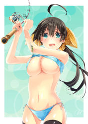 Rule 34 | 1girl, ahoge, bikini, bikini pull, bikini top lift, black thighhighs, blue bikini, blue eyes, bow, breasts, cleavage, clothes lift, clothes pull, fishing line, fishing lure, fishing rod, hair bow, highres, huge ahoge, large breasts, lifted by self, long hair, looking at viewer, navel, open mouth, original, ponytail, re lucy, side-tie bikini bottom, signature, solo, swimsuit, tears, thighhighs, very long hair