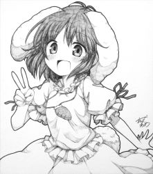 Rule 34 | 1girl, :d, animal ears, anzu ame, artist name, rabbit ears, carrot, dress, female focus, graphite (medium), greyscale, highres, inaba tewi, looking at viewer, millipen (medium), monochrome, necktie, open mouth, shikishi, short hair, signature, sketch, smile, solo, touhou, traditional media, upper body, v