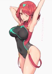 Rule 34 | 1girl, armpits, black one-piece swimsuit, breasts, competition swimsuit, grey background, haoni, large breasts, matching hair/eyes, nintendo, one-piece swimsuit, open mouth, pyra (pro swimmer) (xenoblade), pyra (xenoblade), red eyes, red hair, simple background, solo, swept bangs, swimsuit, xenoblade chronicles (series), xenoblade chronicles 2