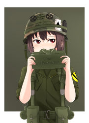 Rule 34 | 1girl, ace (playing card), ace of spades, alternate costume, anti-personnel mine, anti-personnel weapon, black hair, card, covering own mouth, cyka, explosive, green background, gun, helmet, kono subarashii sekai ni shukufuku wo!, m18 claymore mine, megumin, military, mine (weapon), playing card, red eyes, short hair, simple background, soldier, solo, spade (shape), vietnam war, weapon
