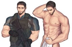 Rule 34 | 1boy, abs, bara, black gloves, black hair, chris redfield, closed eyes, closed mouth, completely nude, covering privates, covering crotch, facial hair, gloves, green shirt, gun, highres, hirusuhi, holding, holding gun, holding towel, holding weapon, large pectorals, male focus, muscular, muscular male, navel, nipples, nude, pectorals, resident evil, resident evil 5, shirt, short hair, simple background, towel, weapon, white background