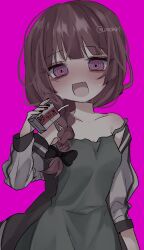 Rule 34 | 1girl, @ @, bare shoulders, black bow, black jacket, black nails, blunt bangs, blush, bocchi the rock!, bow, braid, collarbone, dress, fang, green dress, hair bow, hair over shoulder, hiroi kikuri, holding, holding carton, jacket, long hair, long sleeves, looking at viewer, multicolored clothes, multicolored jacket, oniyamakei, open clothes, open jacket, open mouth, pink background, purple eyes, purple hair, simple background, single braid, smile, solo, sweatdrop, two-tone jacket, white jacket
