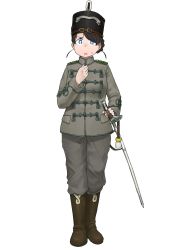 Rule 34 | 1girl, absurdres, anyan (jooho), blue eyes, boots, braid, braided bun, brown hair, commentary request, frown, full body, grey jacket, grey pants, hair bun, hand on own chest, hat, highres, jacket, korean commentary, long sleeves, looking at viewer, mandarin collar, military, military uniform, open mouth, original, pants, shako cap, simple background, solo, standing, sweatdrop, sword, uniform, weapon, white background