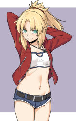Rule 34 | 1girl, blonde hair, blush, braid, breasts, denim, denim shorts, fate/grand order, fate (series), green eyes, hair ornament, hair scrunchie, jacket, jewelry, long hair, looking at viewer, mordred (fate), mordred (fate/apocrypha), mordred (memories at trifas) (fate), navel, necklace, ponytail, red jacket, red scrunchie, scrunchie, shiseki hirame, short shorts, shorts, simple background, small breasts, smile, solo