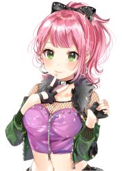 Rule 34 | 1girl, alternate hairstyle, bad id, bad pixiv id, bang dream!, black bow, black choker, black gloves, blunt bangs, blush, bow, choker, crop top, earrings, finger to mouth, fingerless gloves, fishnets, gloves, green eyes, green jacket, hair bow, hand up, hoop earrings, ito22oji, jacket, jewelry, long sleeves, looking at viewer, midriff, navel, pink hair, ponytail, purple shirt, shirt, simple background, smile, solo, uehara himari, upper body, v, white background, wrist extended, zipper