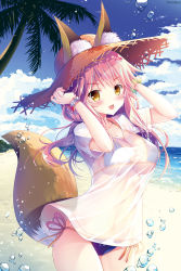 Rule 34 | 10s, 1girl, animal ear fluff, animal ears, bad id, bad pixiv id, beach, bikini, blue bikini, blue sky, blush, bracelet, breasts, cleavage, cloud, commentary request, day, ears through headwear, fate/extra, fate/grand order, fate (series), fox ears, fox tail, hat, highres, jewelry, large breasts, long hair, looking at viewer, navel, ocean, open mouth, outdoors, palm tree, pink background, pink hair, see-through, shirt, side-tie bikini bottom, simple background, sky, smile, solo, sousouman, standing, straw hat, sun hat, swimsuit, tail, tamamo (fate), tamamo no mae (fate/extra), tamamo no mae (swimsuit lancer) (fate), tamamo no mae (swimsuit lancer) (second ascension) (fate), tree, water, water drop, wet, wet clothes, wet shirt, yellow eyes