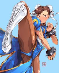 1girl bad_id bad_twitter_id blue_background blue_dress blush_stickers bracelet brown_eyes brown_hair brown_pantyhose bun_cover capcom china_dress chinese_clothes chun-li commentary cross-laced_footwear double_bun dress earrings english_commentary fighting_stance hair_bun highres jewelry law_kim looking_at_viewer pantyhose pelvic_curtain plantar_flexion puffy_short_sleeves puffy_sleeves sash short_eyebrows short_sleeves signature solo spiked_bracelet spikes standing standing_on_one_leg street_fighter thick_thighs thighs upskirt white_footwear