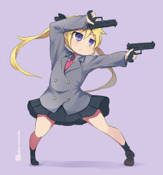 Rule 34 | 1girl, black footwear, black ribbon, black skirt, black socks, blazer, blonde hair, closed mouth, collared shirt, dual wielding, grey jacket, gun, hair between eyes, hair ribbon, holding, holding gun, holding weapon, jacket, kill me baby, kuromiya, loafers, long hair, looking to the side, necktie, one-hour drawing challenge, pleated skirt, purple background, purple eyes, red necktie, ribbon, school uniform, shadow, shirt, shoes, simple background, skirt, socks, solo, sonya (kill me baby), twintails, twitter username, very long hair, weapon, weapon request, white shirt