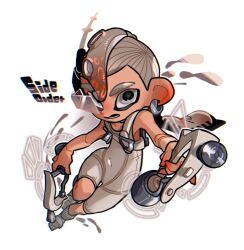Rule 34 | 1boy, agent 8 (splatoon), bodysuit, collarbone, commentary request, copyright name, covered navel, dual wielding, earrings, gradient hair, grey hair, gun, holding, holding gun, holding weapon, ink tank (splatoon), jewelry, male focus, multicolored hair, nintendo, octoling, octoling boy, octoling player character, open mouth, order dualies (splatoon), red hair, short hair, simple background, sleeveless, sleeveless bodysuit, solo, splatoon (series), splatoon 3, splatoon 3: side order, tentacle hair, thick eyebrows, two-tone hair, w0 tarou, weapon, white background, white bodysuit