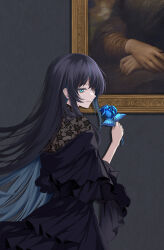 Rule 34 | 1girl, ado (utaite), black dress, black hair, blue eyes, blue flower, blue hair, blue rose, chando (ado), closed mouth, colored inner hair, commentary request, dress, fine art parody, floating hair, flower, highres, holding, holding flower, lace, long hair, looking at viewer, mona lisa, multicolored hair, painting (object), parody, rain (rain910), rose, sidelocks, solo, textless version, utaite
