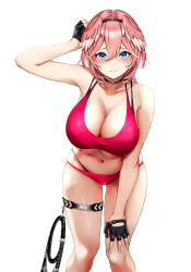 1girl absurdres belt black_choker black_gloves black_hairband blue_eyes blush bra breasts choker cleavage closed_mouth collarbone commentary fingerless_gloves gloves hairband hand_on_own_head hand_on_own_leg highres hololive huge_breasts large_breasts looking_at_viewer magic_circle medium_hair navel panties pink_bra pink_hair pink_panties simple_background smile solo stomach takane_lui thigh_belt thigh_strap thighs underwear utdkaz virtual_youtuber white_background