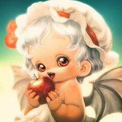 Rule 34 | 1girl, apple, bad id, bad pixiv id, bat wings, food, fruit, hat, open mouth, red eyes, remilia scarlet, short hair, silver hair, solo, souri, touhou, wings