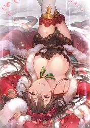 Rule 34 | 1girl, black dress, blush, breasts, brown hair, cleavage, coat, dress, flower, fur-trimmed coat, fur trim, gloves, granblue fantasy, hair between eyes, hair flower, hair ornament, highres, kakage, large breasts, legs up, long hair, long sleeves, looking at viewer, petals, red coat, red gloves, ribbon, rose, rosetta (granblue fantasy), rosetta (holiday) (granblue fantasy), short dress, smile, solo, striped ribbon, thighhighs, thighs, upside-down, white thighhighs