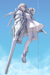 Rule 34 | 1girl, above clouds, absurdres, aqua eyes, arm cannon, blue sky, closed mouth, cloud, coat, day, dress, expressionless, floating, flying, full body, grey coat, grey eyes, grey jacket, hand up, highres, itaco, jacket, leaning back, limited palette, long jacket, long sleeves, looking to the side, mechanical wings, medium hair, open clothes, open coat, open jacket, original, outdoors, popped collar, science fiction, shoes, short dress, short hair, sky, solo, space elevator, swept bangs, thighhighs, weapon, white dress, white footwear, white thighhighs, wings, zettai ryouiki