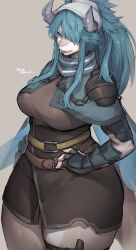 Rule 34 | 1girl, aqua hair, armor, black skirt, blue eyes, breasts, cape, colored skin, dragon girl, dragon horns, fangs, furry, furry female, gauntlets, grey background, grey skin, hair over one eye, hand on own hip, high-waist skirt, highres, horns, large breasts, long hair, looking at viewer, open mouth, original, shoulder armor, sidelocks, skirt, solo, suurin (ksyaro), thigh strap, tsurime, twitter username, wide hips