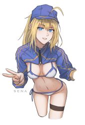 Rule 34 | 1girl, :d, absurdres, ahoge, artoria pendragon (fate), baseball cap, bikini, blonde hair, blue eyes, blue hat, blue ribbon, breasts, cleavage, cropped arms, cropped legs, fate/grand order, fate (series), groin, hair between eyes, hat, highres, leaning forward, long hair, long sleeves, looking at viewer, medium breasts, mysterious heroine x (fate), mysterious heroine xx (fate), nail polish, navel, open mouth, pink nails, ponytail, ribbon, senamashiro, shrug (clothing), side-tie bikini bottom, simple background, sketch, skindentation, smile, solo, standing, swimsuit, thigh strap, v, white background, white bikini