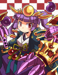 Rule 34 | 1girl, blunt bangs, blush, checkered background, collarbone, emon-yu, floral print, gauntlets, haori, headdress, headpiece, japanese clothes, jewelry, katana, kimono, long hair, lots of jewelry, magatama, outline, purple hair, puzzle &amp; dragons, red eyes, ribbon, sidelocks, smile, solo, sword, twintails, weapon, yellow ribbon, yomi (p&amp;d)