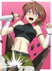 1girl absurdres bandaged_wrist bandages bandit_(tales_of_destiny_2) belt black_belt black_sports_bra blush border breasts brown_hair clam_curry commentary_request constricted_pupils cowboy_shot crotch_kick dagger green_hairband green_shorts hairband highres holding holding_dagger holding_knife holding_weapon knife looking_at_viewer medium_breasts midriff navel open_mouth outside_border paid_reward_available pain pink_background reverse_grip rock ryona short_hair shorts solo sports_bra tales_of_(series) tales_of_destiny tales_of_destiny_2 tearing_up teeth upper_teeth_only weapon white_border