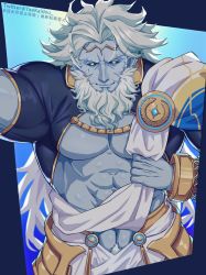 Rule 34 | 1boy, abs, ancient greek clothes, bara, bare pectorals, beard, black sclera, colored sclera, cowboy shot, facial hair, fate/grand order, fate (series), greco-roman clothes, highres, long hair, looking at viewer, male focus, mature male, muscular, muscular male, old, old man, pectorals, pov, sash, smile, solo, stomach, undressing, very long hair, yaekaidou, zeus (fate)
