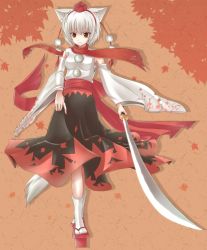 Rule 34 | 1girl, animal ears, bare shoulders, breasts, detached sleeves, hat, highres, inubashiri momiji, k-sk style, katana, looking at viewer, medium breasts, pom pom (clothes), red eyes, sarashi, scarf, shirt, short hair, silver hair, skirt, solo, sword, tail, tokin hat, touhou, weapon, white shirt, wolf ears, wolf tail