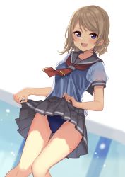 Rule 34 | 1girl, blue eyes, blue one-piece swimsuit, blush, brown hair, clothes lift, collarbone, hair between eyes, hajime kaname, lifted by self, looking at viewer, love live!, love live! school idol festival, love live! sunshine!!, miniskirt, neckerchief, one-piece swimsuit, open mouth, pleated skirt, sailor collar, school swimsuit, school uniform, see-through, short hair, skirt, skirt lift, smile, solo, swimsuit, swimsuit under clothes, upskirt, watanabe you, water, wet, wet clothes