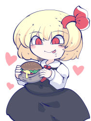 Rule 34 | 1girl, black skirt, black vest, blonde hair, blush stickers, burger, chahan (fried rice0614), closed mouth, collared shirt, food, hair ribbon, heart, highres, holding, holding food, long sleeves, one-hour drawing challenge, red eyes, red ribbon, ribbon, rumia, shirt, short hair, simple background, skirt, smile, solo, tongue, tongue out, touhou, vest, white background, white shirt