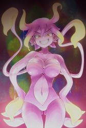 Rule 34 | 1girl, absurdres, bare shoulders, blonde hair, blush, breasts, brown eyes, cleavage, collarbone, evil grin, evil smile, gluteal fold, grin, highres, large breasts, looking at viewer, marina (omori), monster girl, navel, omori, parted lips, pink hair, seven pear, short hair, slime (substance), slime girl, smile, solo, teeth, tentacle hair, tentacles