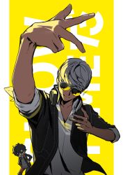 Rule 34 | 2boys, absurdres, amamiya ren, text background, black jacket, btmr game, closed mouth, hands on own hips, headphones, headphones around neck, highres, jacket, long sleeves, male focus, multiple boys, narukami yuu, parted lips, persona, persona 4, persona 4: dancing all night, persona 5, persona 5: dancing star night, persona dancing, shirt, signature, silver hair, simple background, sleeves rolled up, sparkle, sunglasses, t-shirt, white shirt