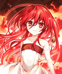 Rule 34 | 1girl, alternate costume, dress, elbow gloves, fire, gloves, highres, jewelry, long hair, looking at viewer, pendant, red eyes, red hair, shakugan no shana, shana, smile, solo, strapless, strapless dress, tachitsu teto, very long hair, white dress, white gloves
