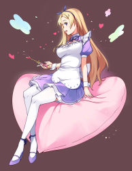 Rule 34 | 1girl, blonde hair, blue eyes, brown background, dokodemo dungeon, full body, hair ornament, hairband, hairclip, heart, heart-shaped pillow, high heels, long hair, looking at viewer, luna (dokodemo dungeon), pillow, profile, pumps, saiste, simple background, sitting, solo, thighhighs, wand, white thighhighs