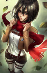 Rule 34 | 1girl, artist name, belt, black hair, boots, brown footwear, brown jacket, brown shorts, buttons, closed mouth, commentary, cropped jacket, deviantart username, falling leaves, fingernails, hair between eyes, highres, jacket, knee boots, leaf, lips, madeleine bellwoar, mikasa ackerman, nose, open clothes, open jacket, red lips, red scarf, scarf, shingeki no kyojin, shirt, short hair, short shorts, shorts, solo, standing, suspender shorts, suspenders, thigh strap, watermark, web address, white shirt