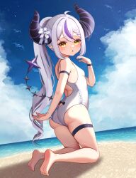 Rule 34 | 1girl, absurdres, ahoge, ass, barefoot, beach, black nails, blue sky, braid, braided bangs, breasts, cloud, create8, demon horns, feet, grey hair, highres, hololive, horns, la+ darknesss, long hair, looking at viewer, nail polish, one-piece swimsuit, open mouth, ponytail, purple hair, sand, sidelocks, single braid, sky, small breasts, soles, swimsuit, thigh strap, toes, very long hair, virtual youtuber, water, white one-piece swimsuit, yellow eyes