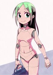 Rule 34 | 1girl, android, aqua eyes, bag, breasts, green hair, holding, holding bag, joints, long hair, looking at viewer, navel, nude, original, parted bangs, robot joints, small breasts, smile, solo, tommy region
