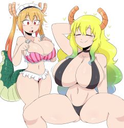 Rule 34 | 2girls, belly, bikini, blonde hair, blue hair, blush, breasts, cleavage, curvy, eyebrows, gradient hair, green hair, heart, highres, huge breasts, jinu (jinusenpai), kobayashi-san chi no maidragon, large breasts, long hair, lucoa (maidragon), multicolored hair, multiple girls, open mouth, orange hair, red eyes, simple background, smile, stomach, swimsuit, teeth, thick thighs, thighs, tohru (maidragon), tongue, twintails, white background, wide hips