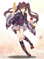 Rule 34 | 1girl, alternate costume, black socks, blush, brown hair, candy apple, cellphone, checkered sash, commentary request, floral print, food, frilled sleeves, frills, full body, geta, hair ribbon, hand up, hat, heart, himekaidou hatate, holding, holding food, holding phone, japanese clothes, jpeg artifacts, kimono, kinchaku, kneehighs, knees together feet apart, leaf, leaning forward, long hair, long sleeves, looking to the side, maple leaf, monobe tsukuri, obi, open mouth, phone, pointy ears, pouch, purple kimono, purple ribbon, ribbon, sash, short kimono, socks, solo, tengu-geta, thigh strap, tokin hat, touhou, twintails, wide sleeves, yellow eyes, yukata