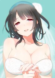 Rule 34 | 1girl, bare shoulders, beret, black hair, blue hat, breasts, bridal veil, cleavage, collarbone, day, dress, hat, jewelry, kantai collection, large breasts, looking at viewer, open mouth, outdoors, own hands together, red eyes, ring, short hair, skindentation, sky, smile, solo, strapless, strapless dress, takao (kancolle), tearing up, upper body, veil, wedding band, white dress, yuzuki yuno