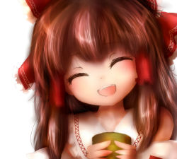 Rule 34 | 1girl, amano jack, bad id, bad pixiv id, brown hair, cookie (touhou), cup, closed eyes, female focus, hakurei reimu, highres, open mouth, smile, solo, touhou