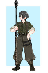 Rule 34 | 1boy, belt, black eyes, black hair, black pants, boots, brown belt, brown footwear, camouflage, camouflage shirt, closed mouth, collared shirt, full body, green shirt, harpoon, highres, holding, holding weapon, limbus company, long sleeves, male focus, pants, project moon, puffy pants, shirt, solo, standing, thigh strap, uchimura (rino0525), weapon, yi sang (project moon)