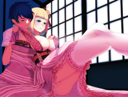Rule 34 | 1boy, 1girl, ao no exorcist, areola slip, assisted exposure, blonde hair, blunt bangs, blush, breasts, couple, green eyes, hair ornament, highres, japanese clothes, kimono, lace, large breasts, moriyama shiemi, okumura rin, pointy ears, pussy, see-through, sitting, thighhighs, traditional clothes, uncensored, undressing