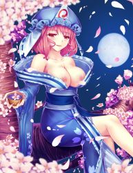 Rule 34 | 1girl, absurdres, bad id, bad pixiv id, bare legs, bare shoulders, breasts, cherry blossoms, cup, female focus, hat, highres, in tree, japanese clothes, kimono, large breasts, legs, nipples, no bra, obi, off shoulder, petals, pink eyes, pink hair, saigyouji yuyuko, sash, short hair, sitting, sitting in tree, solo, touhou, tree, triangular headpiece, xiaoai