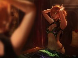 Rule 34 | 1girl, armor, arms up, bikini armor, blood elf (warcraft), blurry, breasts, brown hair, cleavage, earrings, jewelry, navel, pointy ears, raikoart, reflection, short hair, solo, warcraft, world of warcraft, yellow eyes