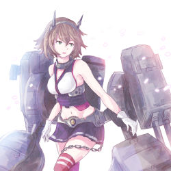 Rule 34 | 1girl, bare shoulders, black skirt, breasts, brown hair, cannon, chain, cleavage, cowboy shot, gloves, green eyes, groin, hair between eyes, hairband, headgear, kantai collection, looking away, machinery, medium breasts, midriff, miniskirt, mutsu (kancolle), navel, open mouth, parted lips, pleated skirt, red legwear, rigging, short hair, skirt, solo, standing, turret, white background, white gloves, yomi (yomi14 pyaon)
