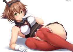 Rule 34 | 10s, 1girl, ass, bare shoulders, black skirt, blush, breasts, brown hair, check commentary, collar, commentary request, eyebrows, finger to mouth, gloves, green eyes, hair between eyes, headgear, kantai collection, large breasts, lips, looking at viewer, lying, midriff, mutsu (kancolle), on side, pleated skirt, red thighhighs, sakiyamama, seductive smile, shadow, shiny clothes, short hair, simple background, skirt, smile, solo, striped clothes, striped thighhighs, thighhighs, thighs, twitter username, white background, white gloves