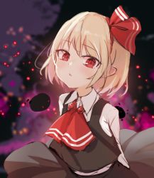 Rule 34 | 1girl, arms behind back, ascot, black skirt, black vest, blonde hair, blurry, darkness, depth of field, hair ribbon, light blush, light particles, looking at viewer, neck bobbles, parted lips, red ascot, red eyes, red ribbon, ribbon, rumia, shirt, short hair, skirt, solarisu, solo, touhou, upper body, vest, white shirt, wing collar