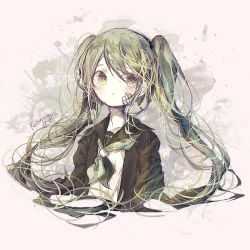 Rule 34 | 1girl, abstract background, bad id, bad pixiv id, bandage on face, bandages, black jacket, commentary, eyes visible through hair, green eyes, green hair, green ribbon, green theme, hair over eyes, hatsune miku, highres, jacket, long hair, long neck, long sleeves, looking away, mimusops zeyheri, ribbon, rolling girl (vocaloid), school uniform, serafuku, shirt, twintails, uniform, upper body, vocaloid, white shirt